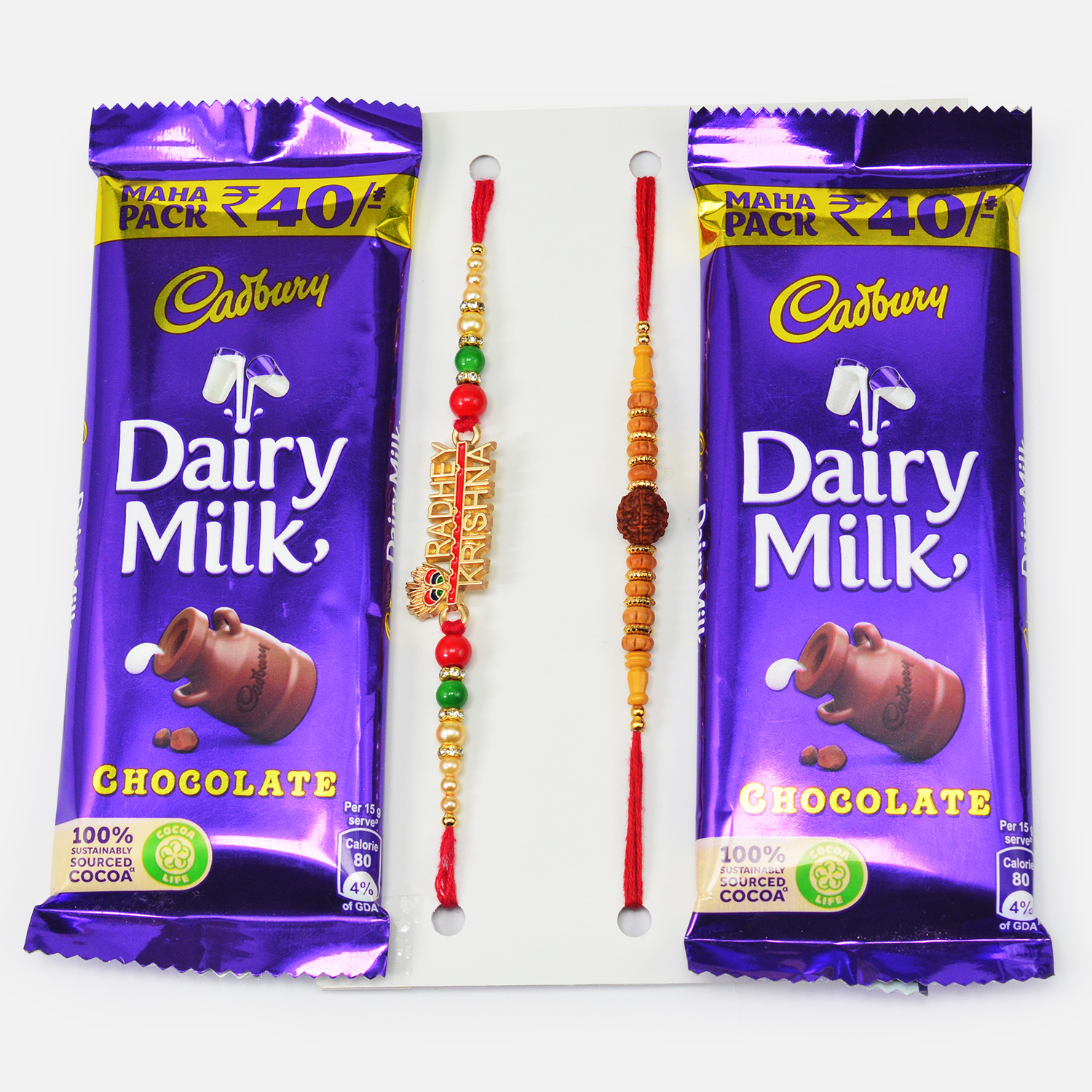 Auspicious Rudraksha and Radhe Krishna Rakhis with Chocolates of Small Dairy Milk 
