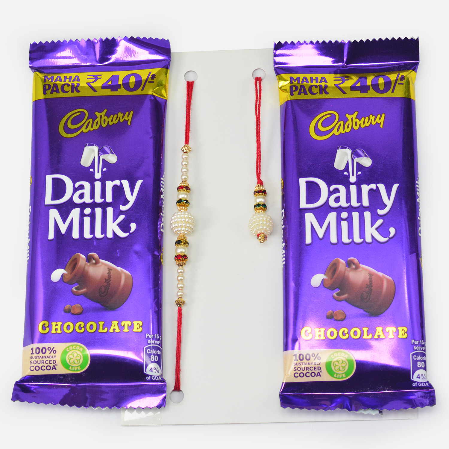White Beads Design Bhaiya Bhabhi Rakhis with Dairy Milk Chocolates
