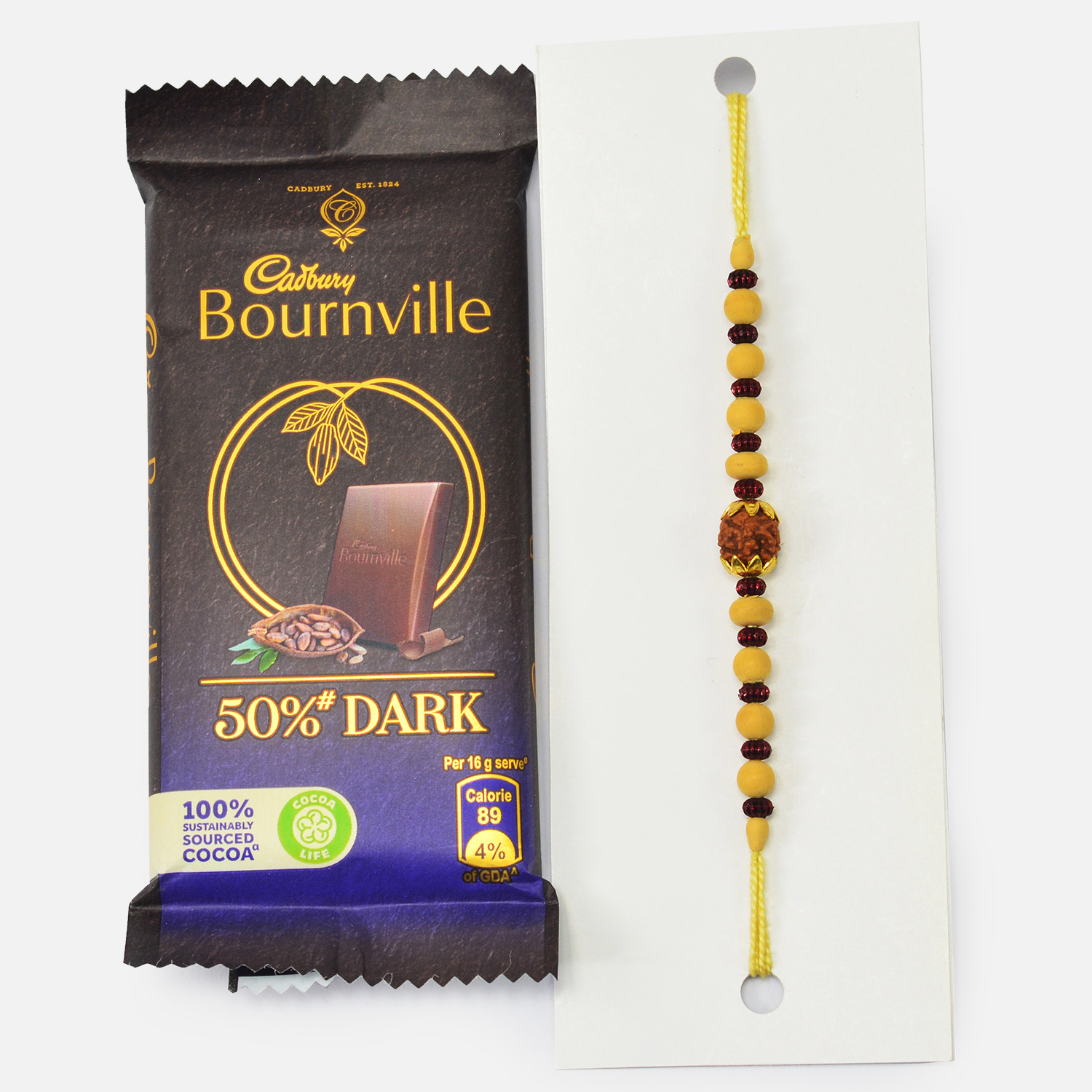 Cadbury Bournville Chocolate Small Pack with Beads Rudraksha Bhai Rakhi