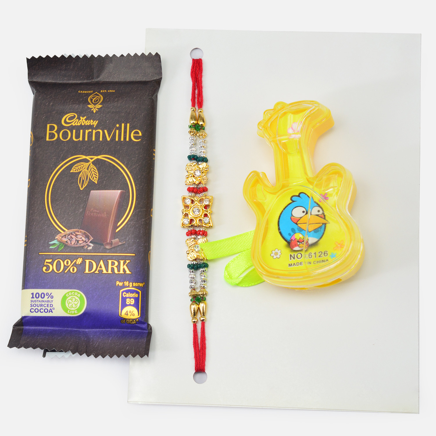Delicious Cadbury Bournville Chocolate with Design Mauli Thread Brother Rakhi and Guitar Kid Rakhi