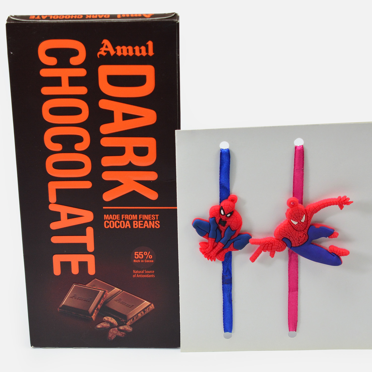 Spider Man Special Two Rakhis for Kids with Delicious Dark Chocolate of Choco Beans By Amul