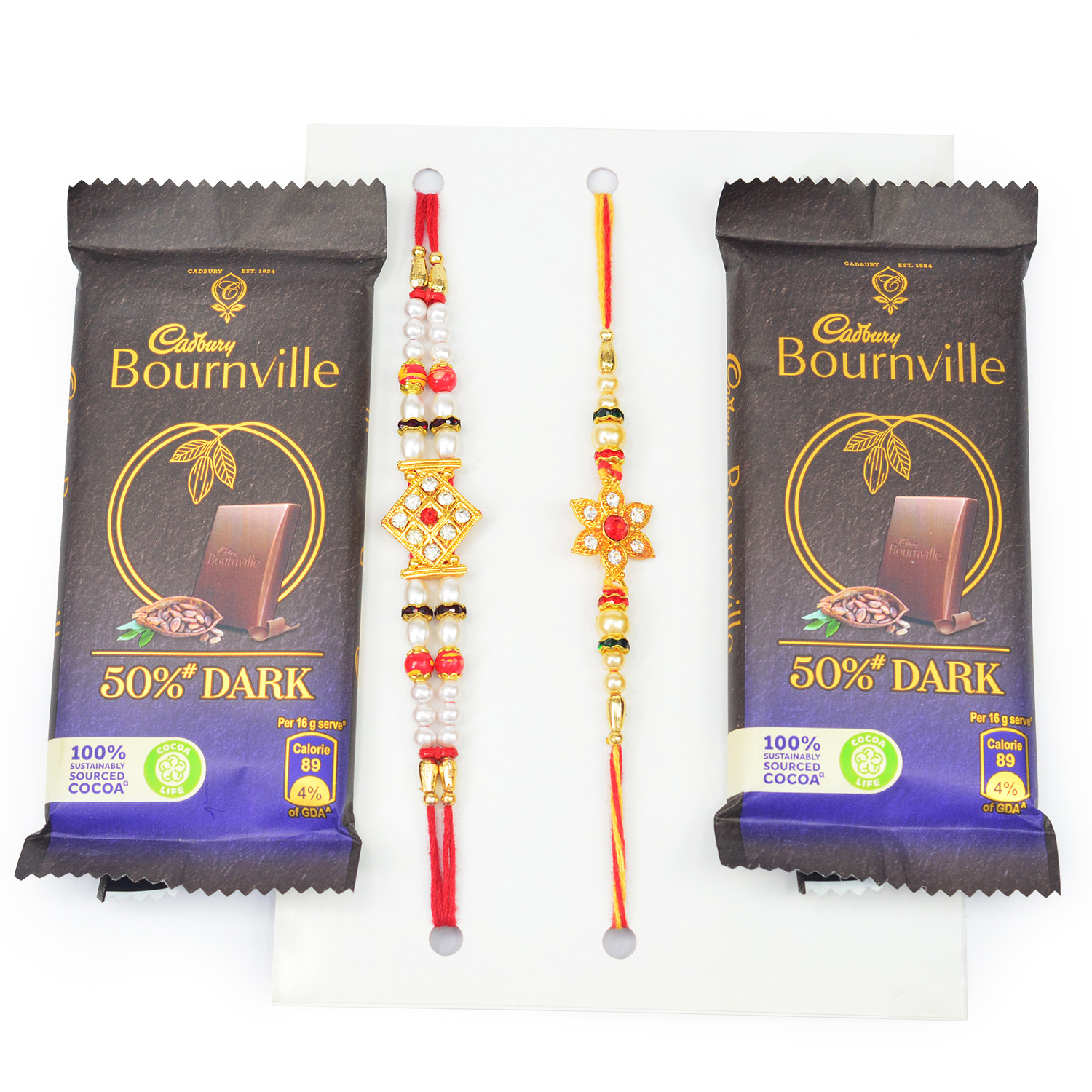 Beaded White Pear Designer Brother Rakhis with 2 Pack of Bournville Chocolate