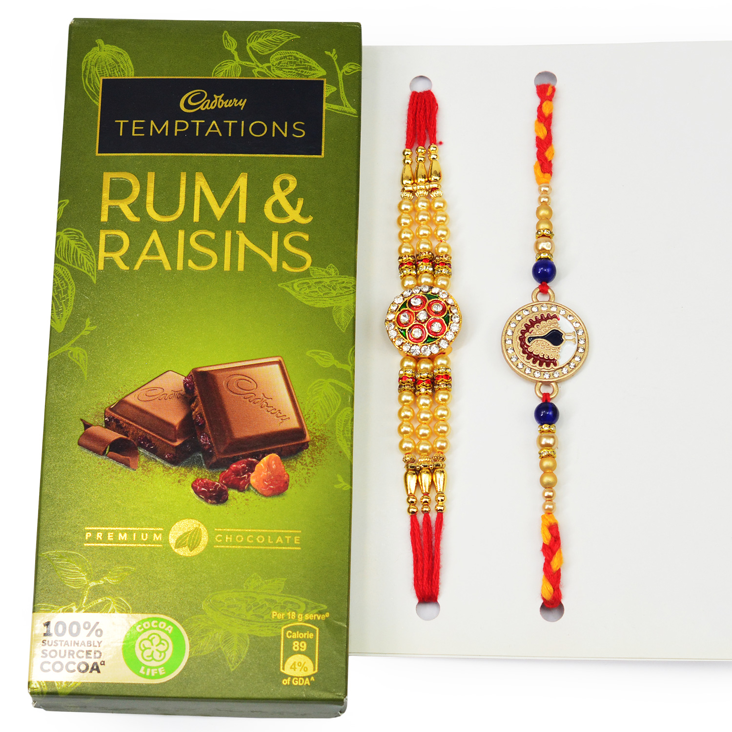 Cadbury Temptation Rum Raisings with Two Pearl Rakhis for Brothers