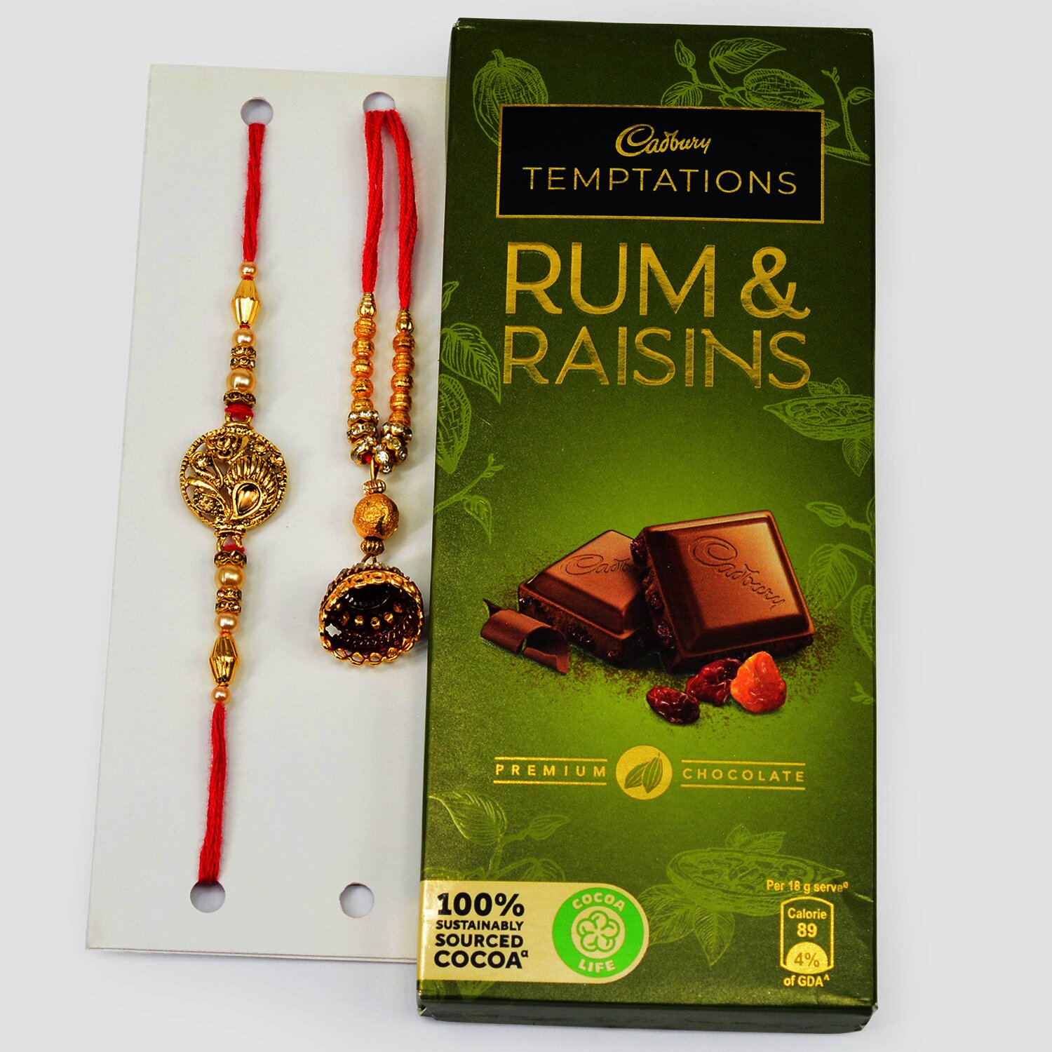 Golden Bhaiya Bhabhi Rakhi Set with Cadbury Temptation Chocolate