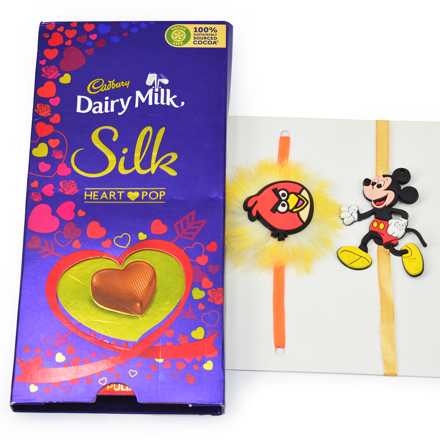 Delicious Silk Hear Pop Chocolate By Dairy Milk with Tow Cartoon Kids Rakhi