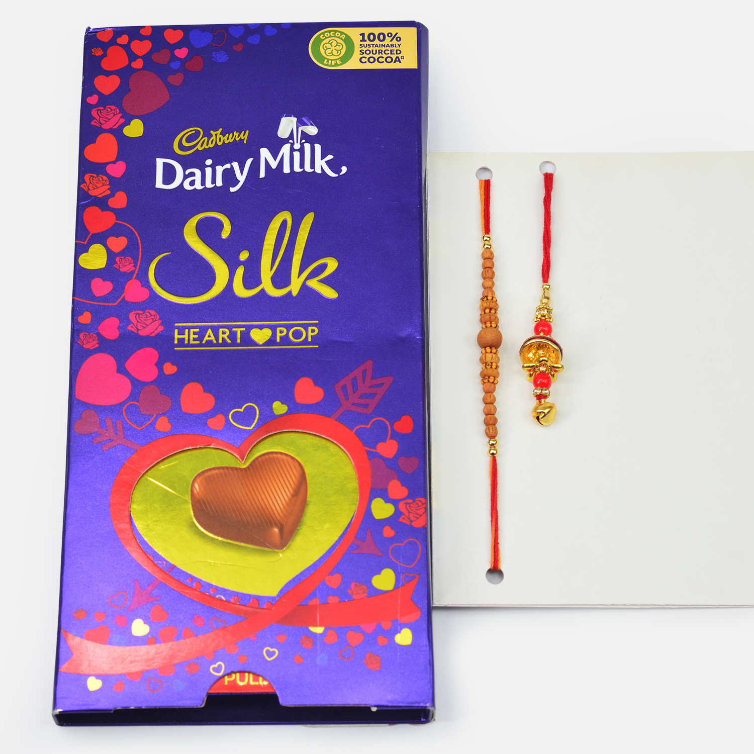 Dairy Milk Silk Hear Pop Chocolate with Sandal and Beads Design Couple Rakhis