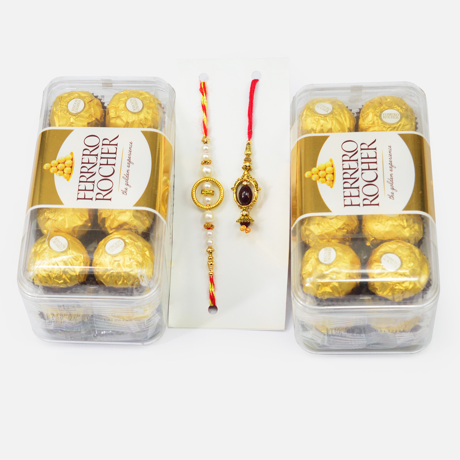 Nice Looking Designer Rakhis for Couple with Ferrero Rocher Chocolates Two 16 Pc Box