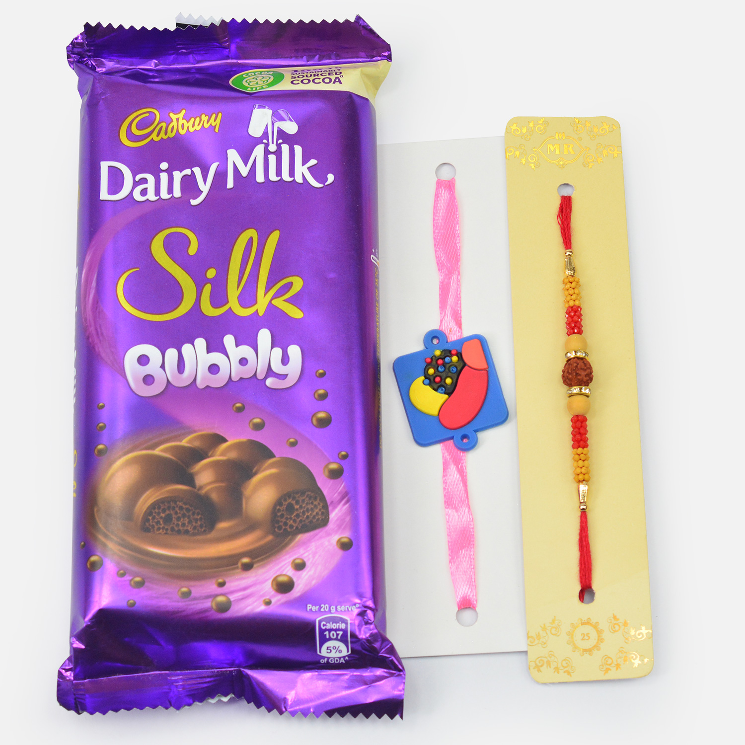 Dairy Milk Bubbly Chocolate with Candy Kids Rakhi and Rudraksha Bhai Rakhi
