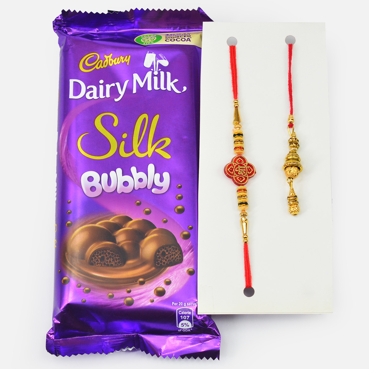 Mauli Thread Beaded Couple Rakhis with Dairy Milk Silk Bubbly Chocolate