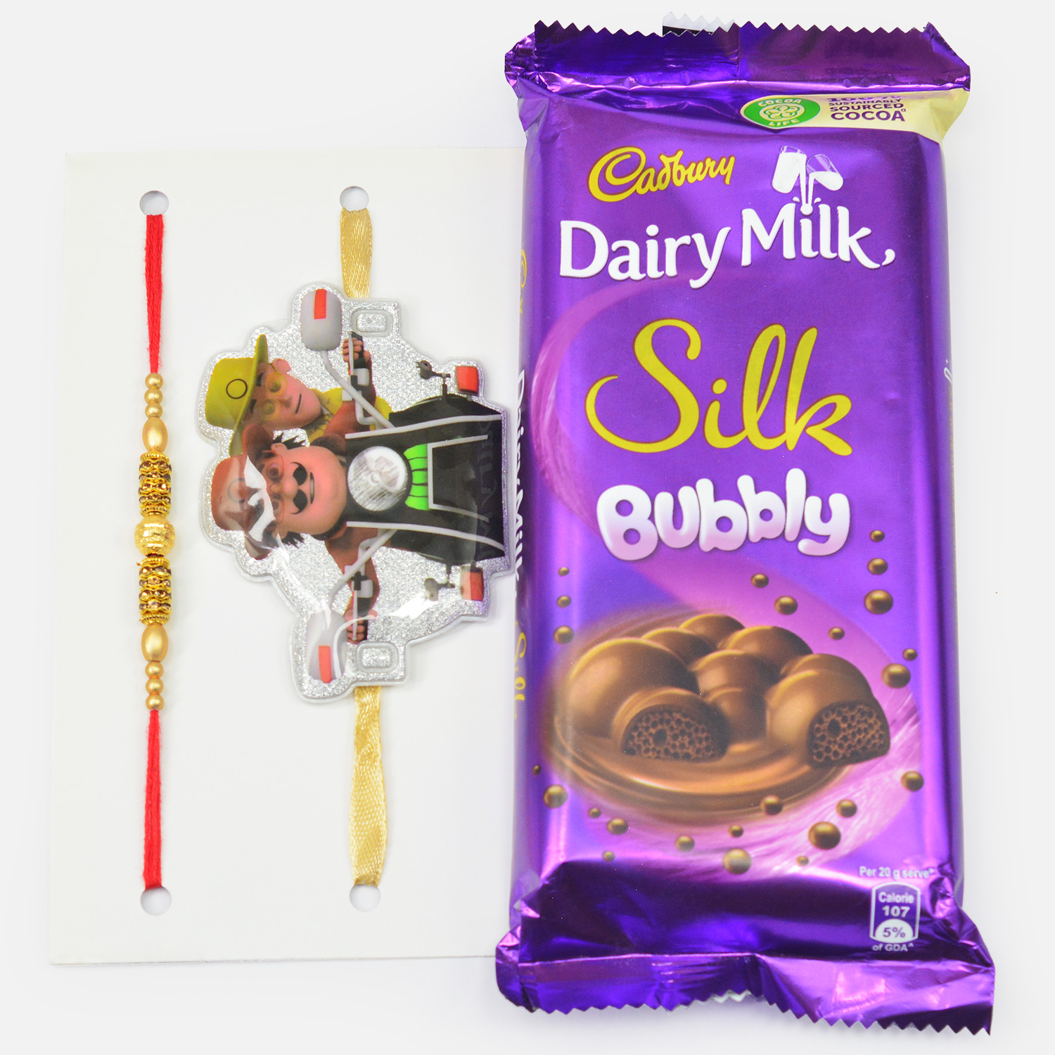 Motu Patlu Kids Rakhi with Bhai Rakhi and Bubbly Silk Chocolate By Cadbury