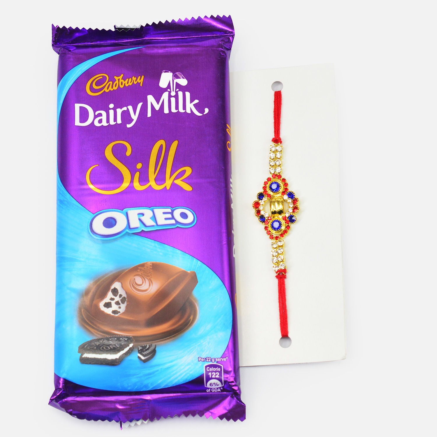 Dairy Milk Silk Oreo Chocolate with Simple Blue and Golden Jewel Rakhi