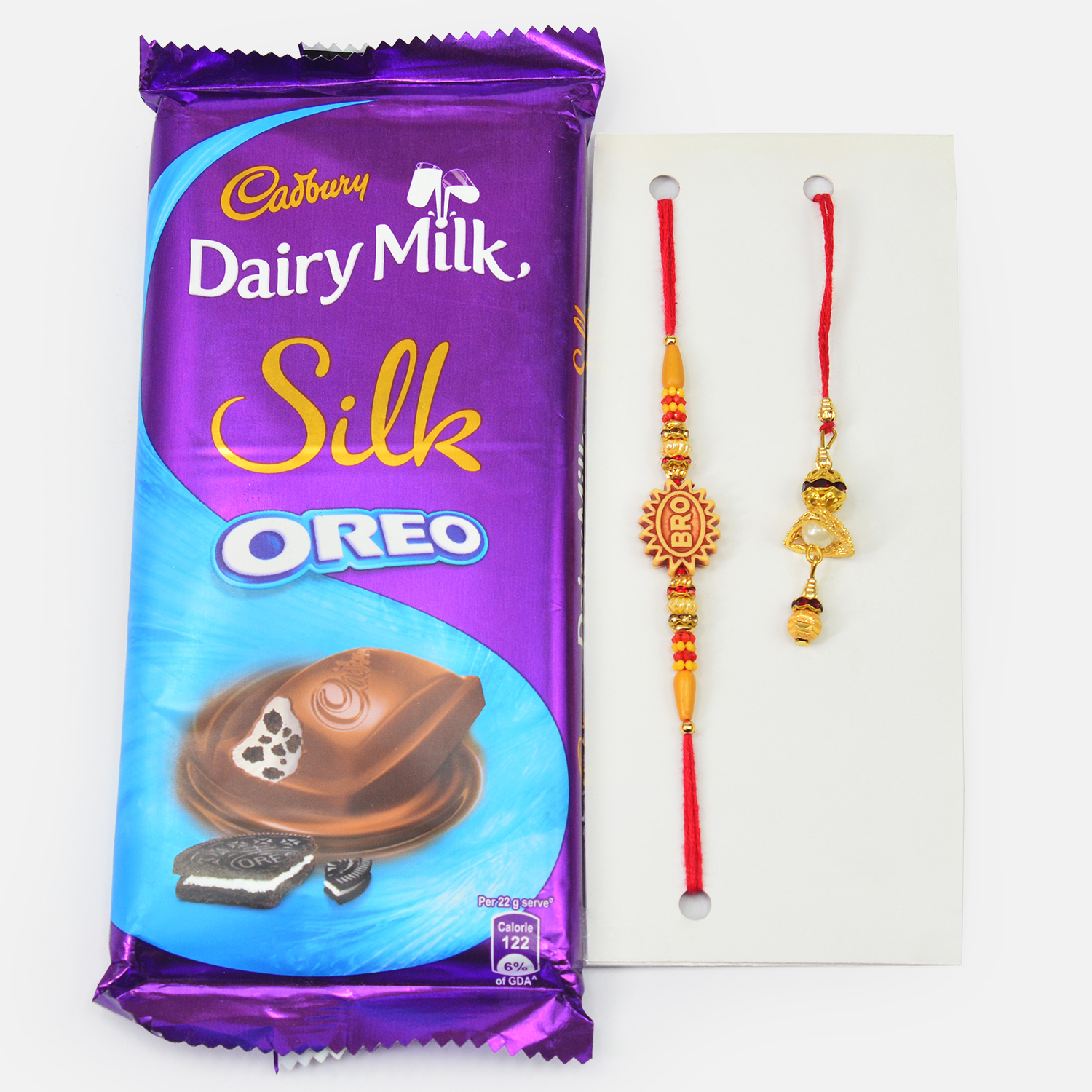 Oreo Chocolate By Cadbury With Bro Written Rakhi for Brother and Hanging Bead Lumba Rakhi