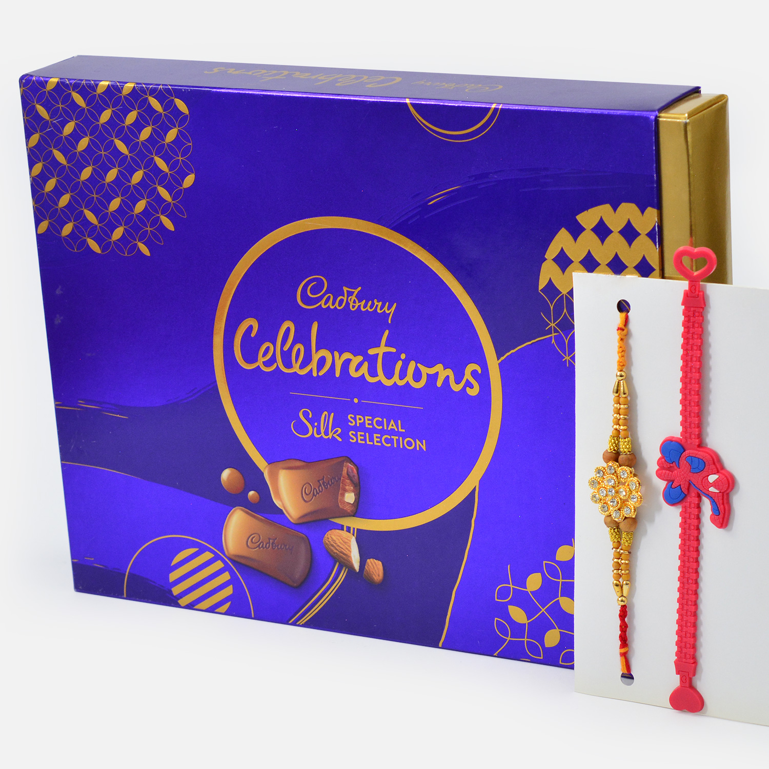 Cadbury Celebration Silk Edition Chocolates with Sandalwood Bhai Rakhi and Spiderman Kid Rakhi