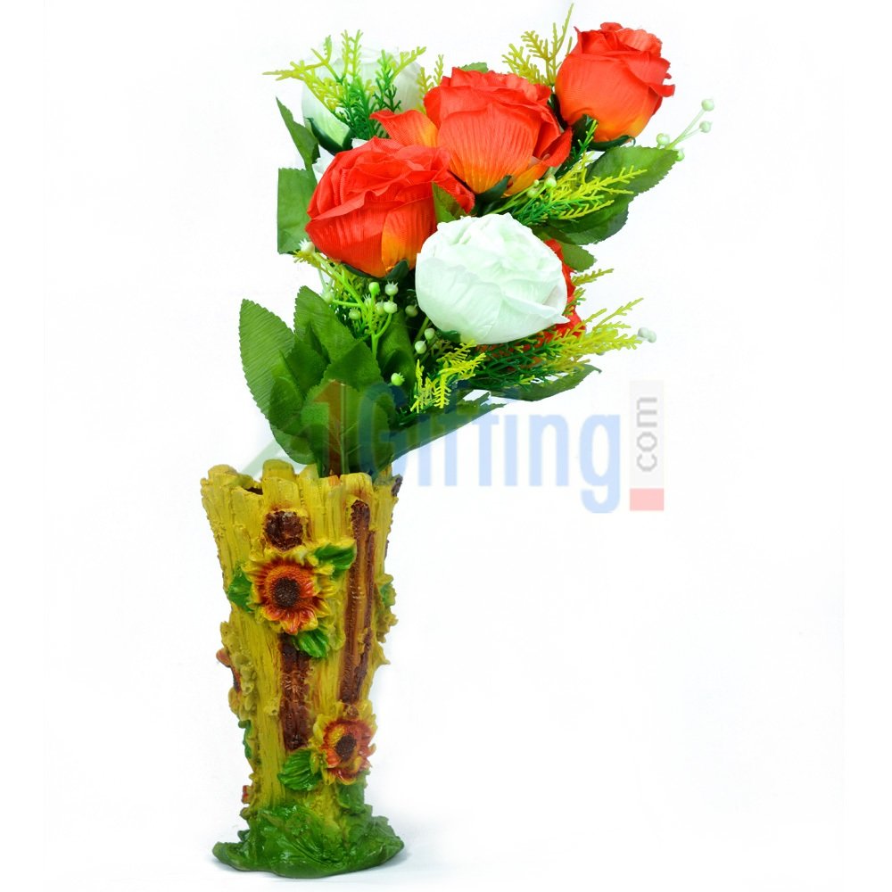 Red and White Rose with Flower Pot