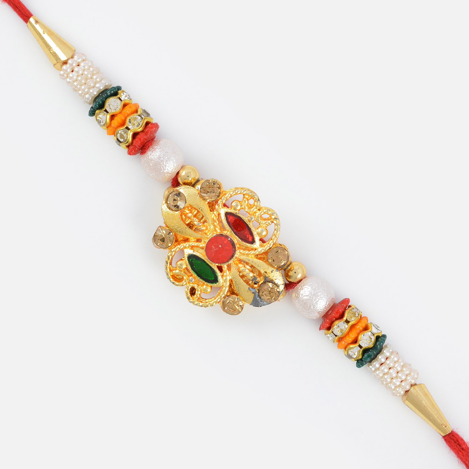 Central Red Bead Golden Design Rakhi with Multi-Colred Gems 