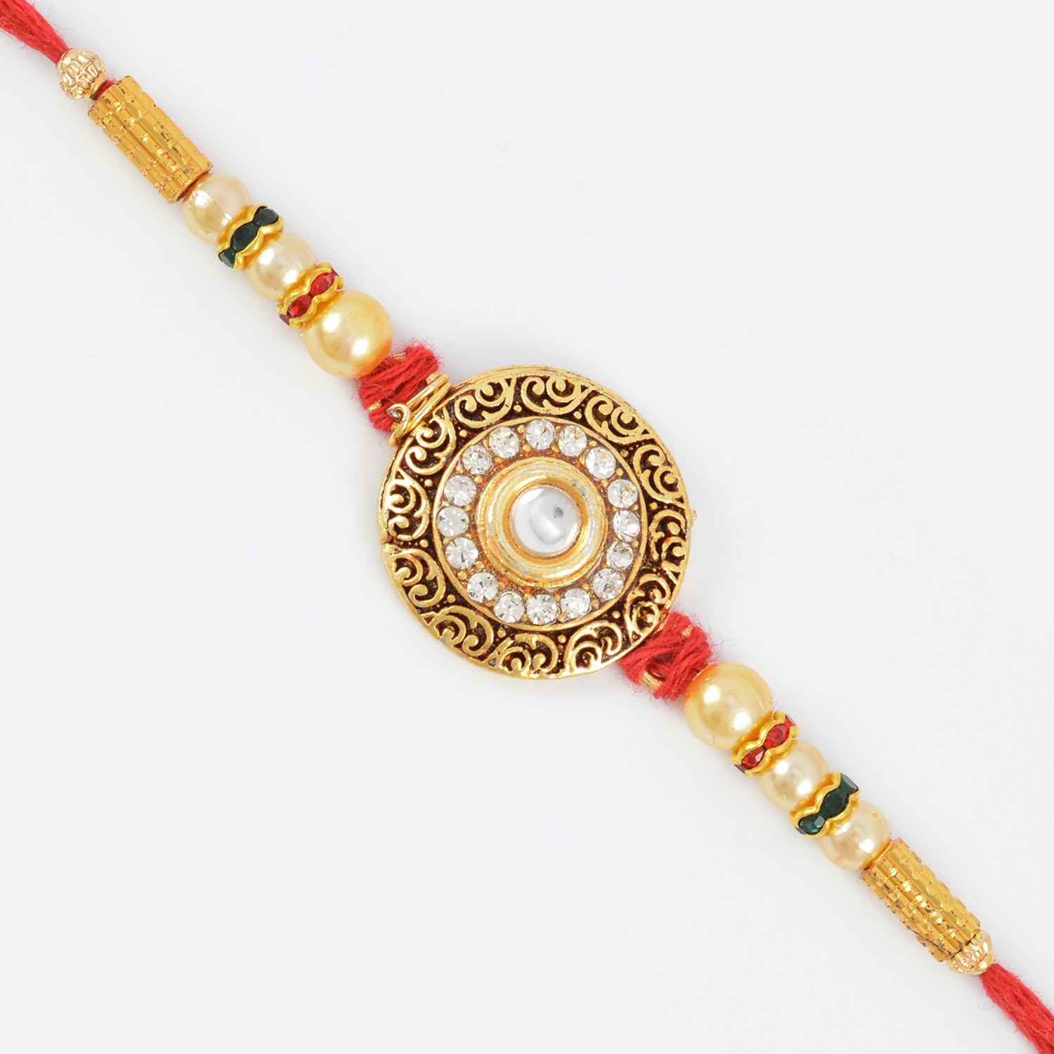 Decorative Mani Diamond Rich Centered Designer Rakhi with Golden Pearl