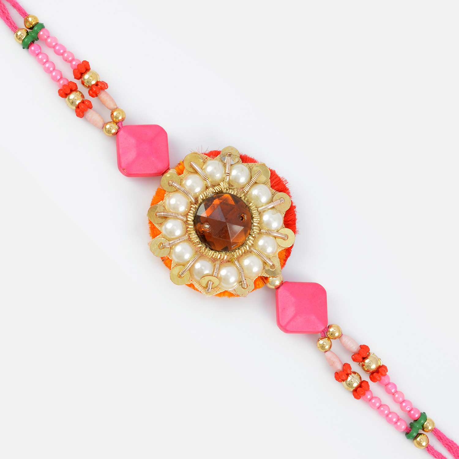 Flounce work of Pearl Ruby Multi Design Beads Refreshing Color of Pink Designer Rakhi
