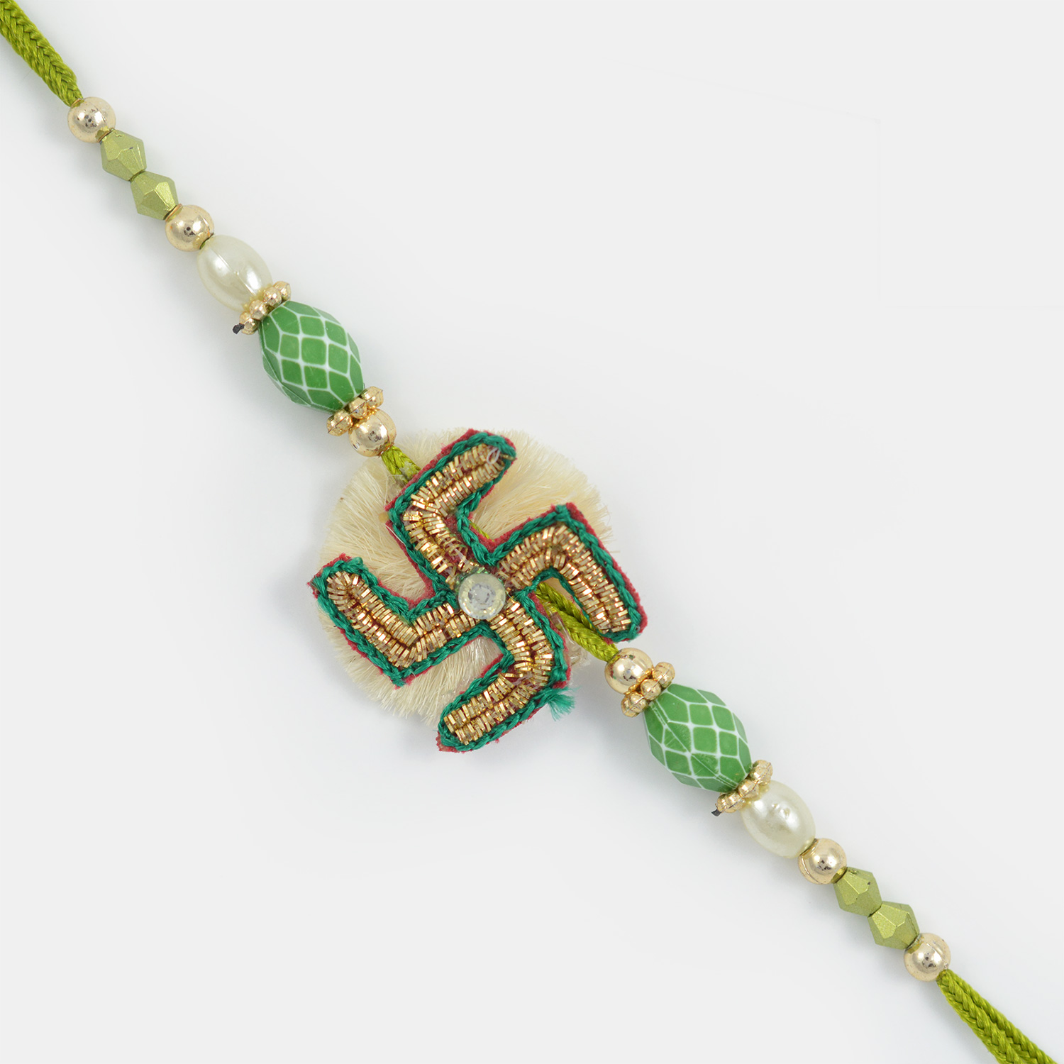 Graceful Green Color Swastik with Golden Beads and Centered Diamond Rakhi