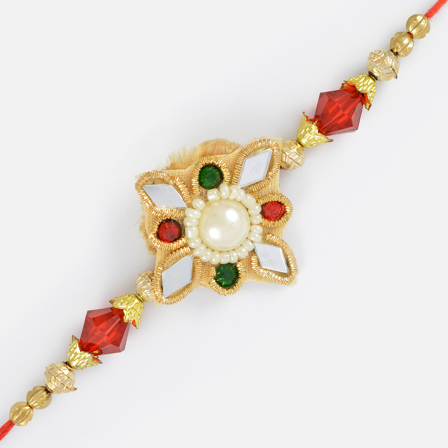 Elegant Work of Glass Zardosi and Golden Beads with Pearl in Center Rakhi