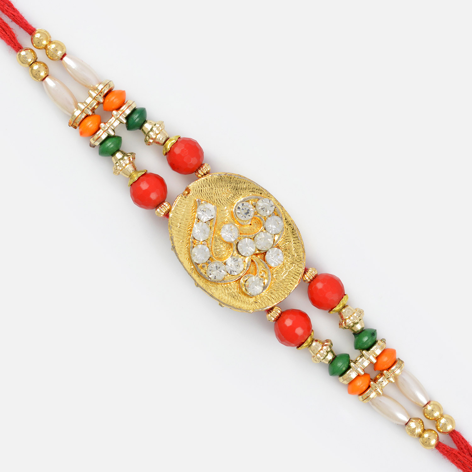 Golden Base Diamond Om Rakhi with Designer Color Beads
