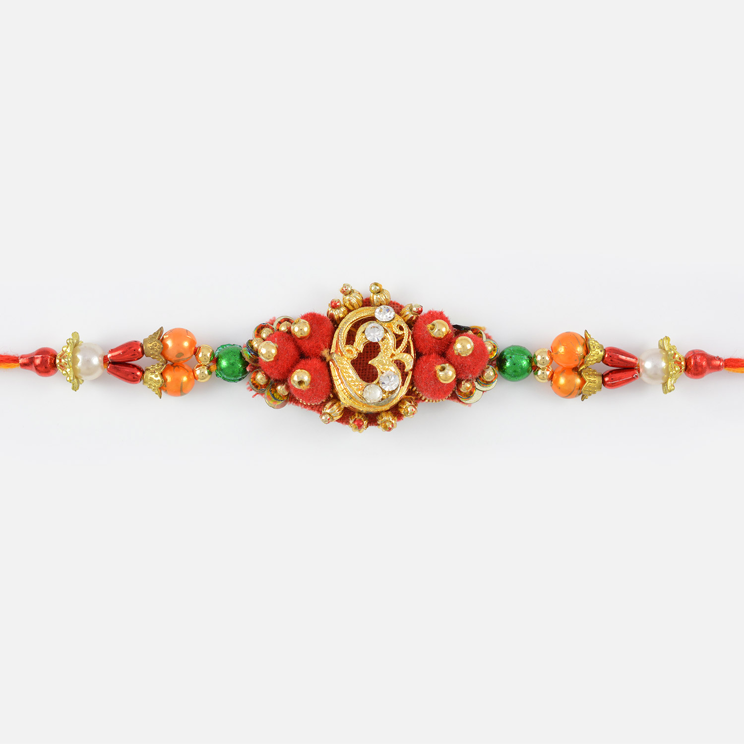 Golden OM Auspicious Designer Rakhi with Red and Golden Beads
