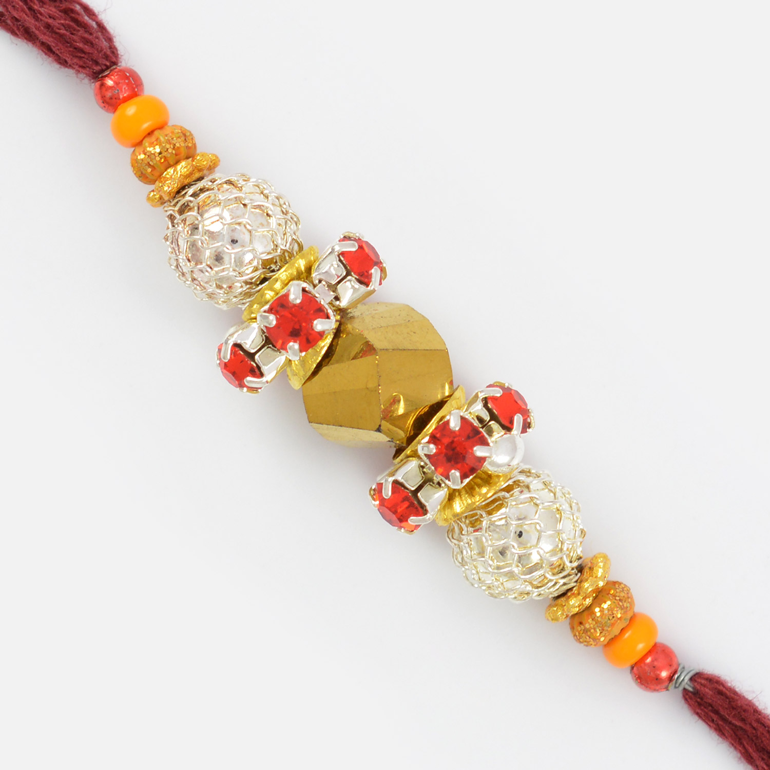Double Red Diamonds Ring with Golden and Silver Designer Beads Rakhi