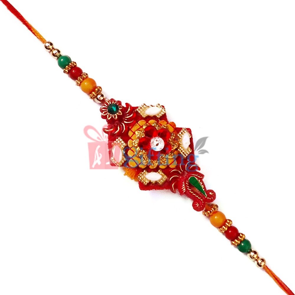Designer Mauli Rakhi with Multi Color Beads and Central Velvet Base