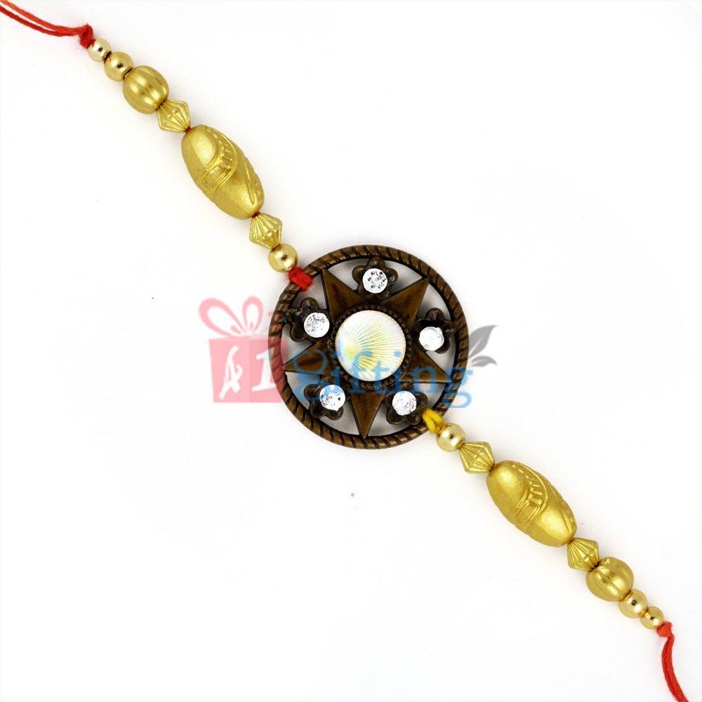 Round Shape Star Designer Rakhi with Diamonds and Multi Beads