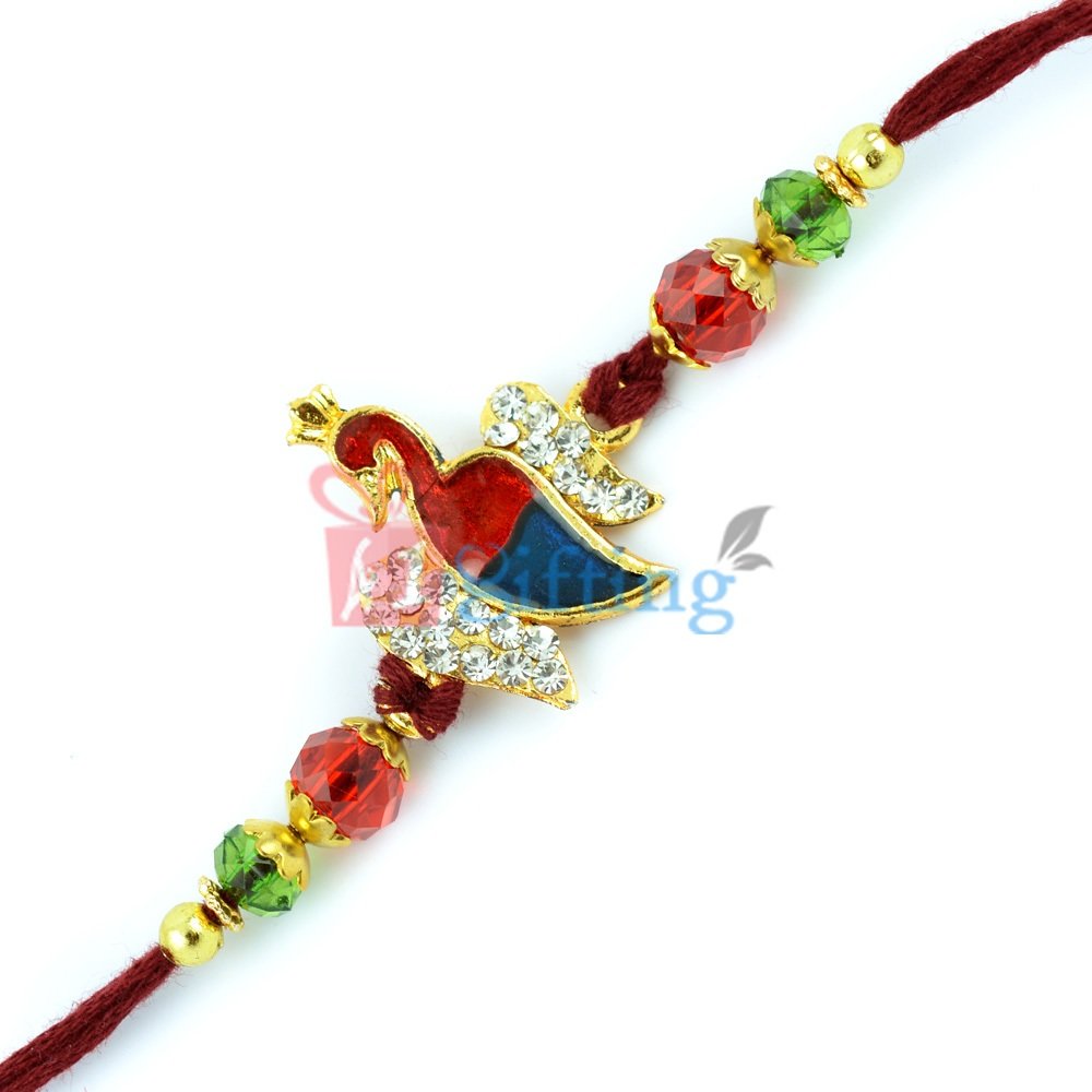 Peacock Designer Colorful Rakhi with Diamond, Glass Beads Work