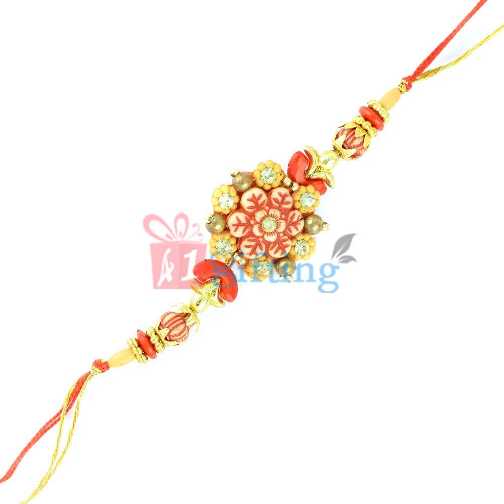 Floral Designer Rakhi with Diamonds, Golden and Colorful Beads