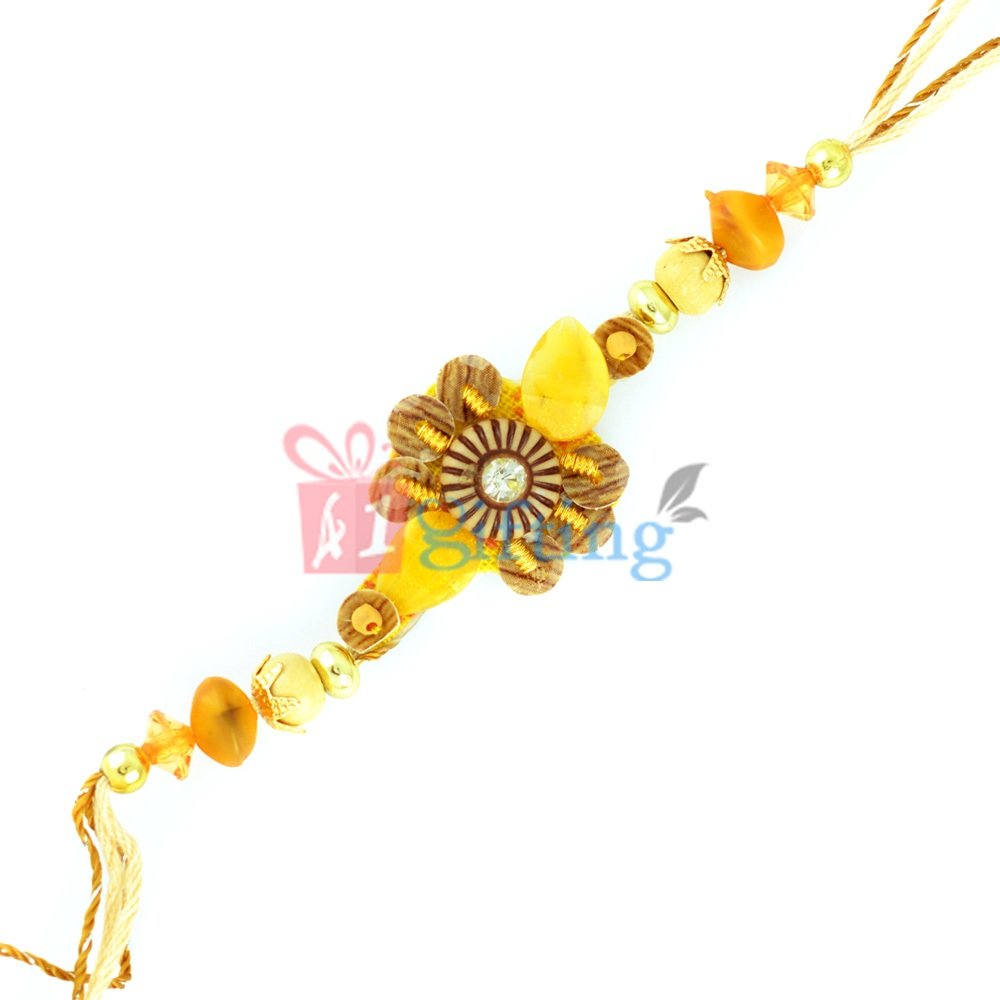 Yellow Leaves Colored Stone Designer Rakhi for Brother
