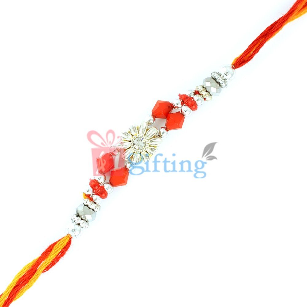 Flower Design Central Colorful and Silver Beads Rakhi