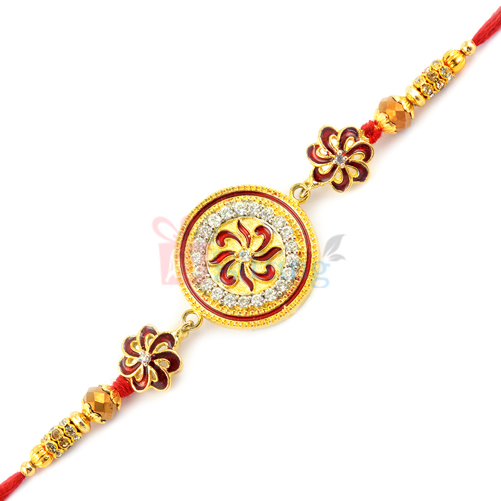 Awesome Floral Meena and Ad Worked Golden Rakhi