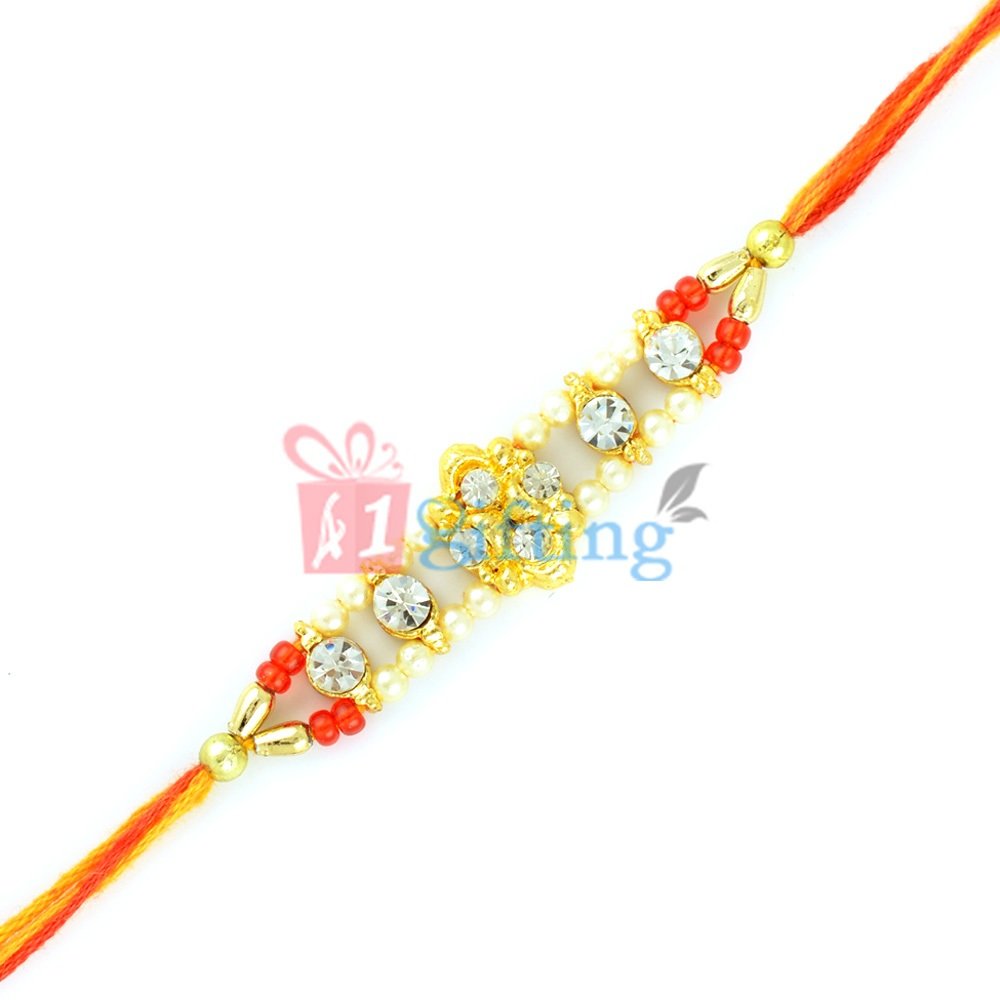 Luxurious Pearl and Diamond Special Golden Beads Rakhi