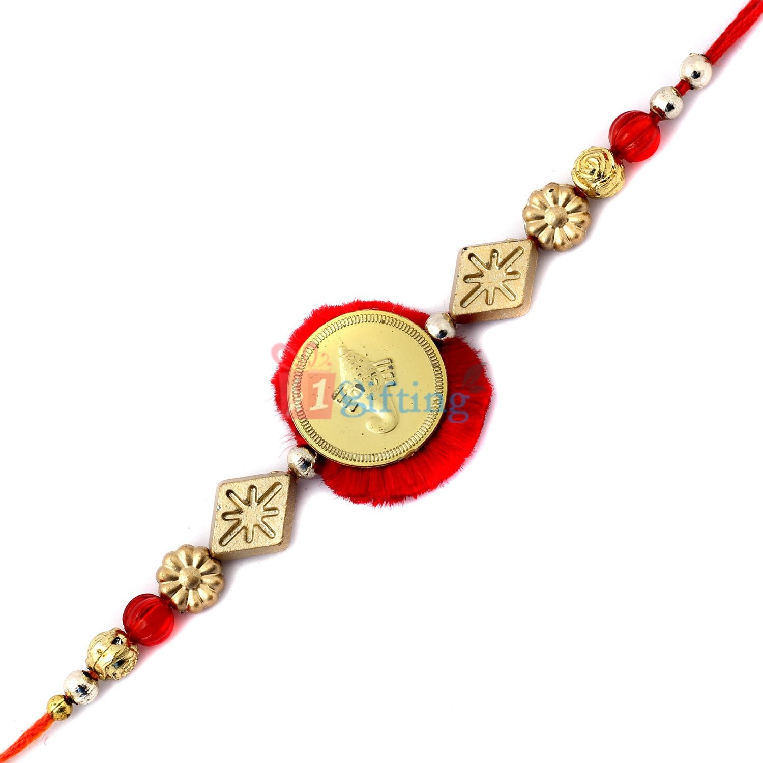 Golden coin of lord ganesha with multi design beads Rakhi