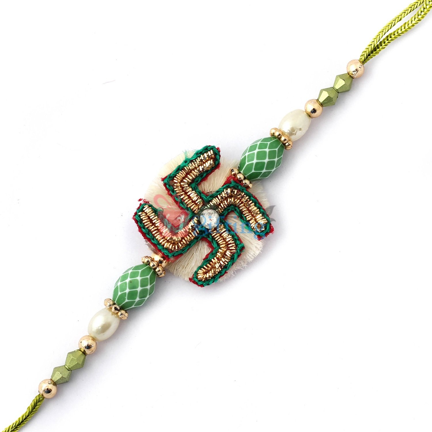 Graceful Green color Swastik with golden beads and centered diamond Rakhi
