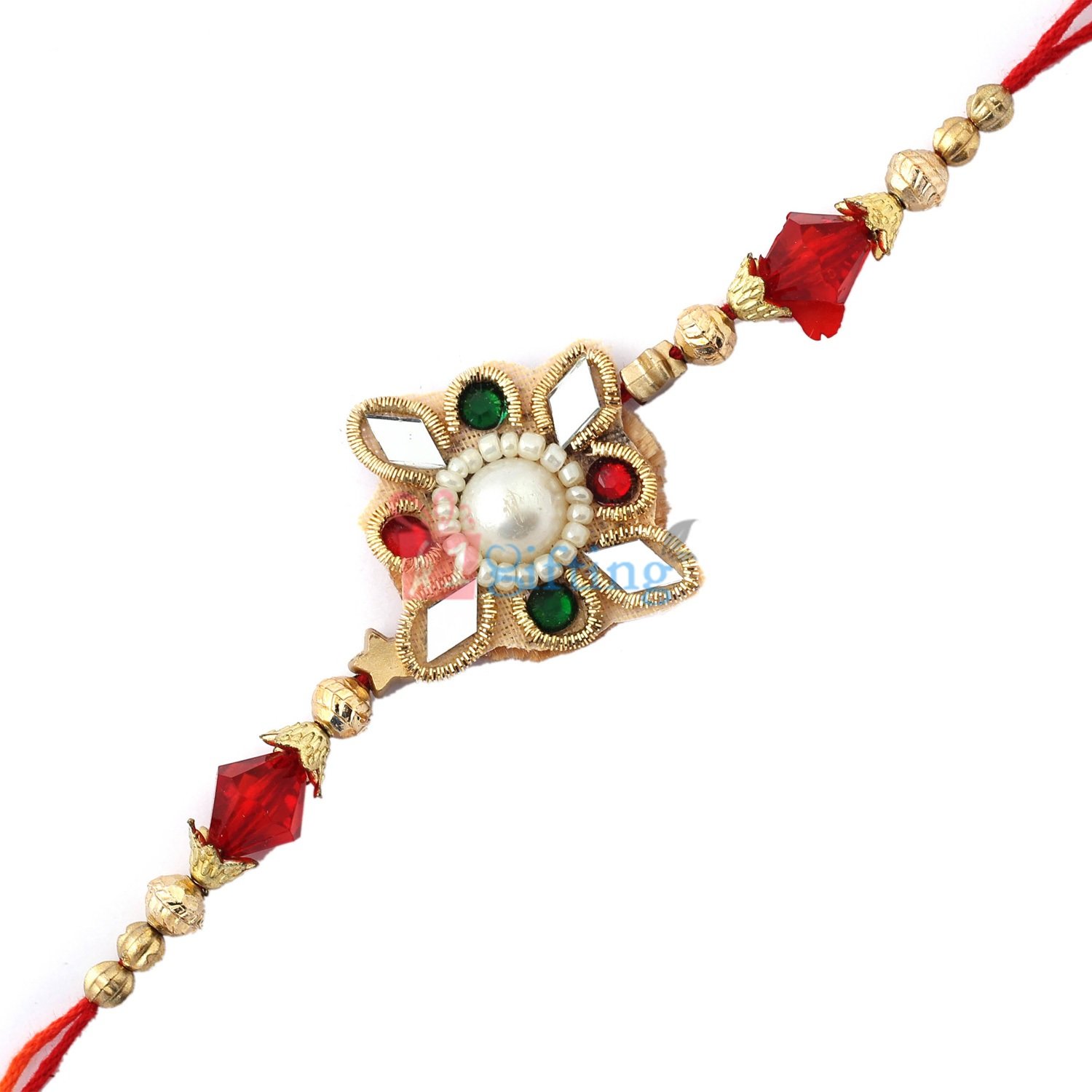 Elegant work of Glass, zardosi and golden beads with pearl in center Rakhi