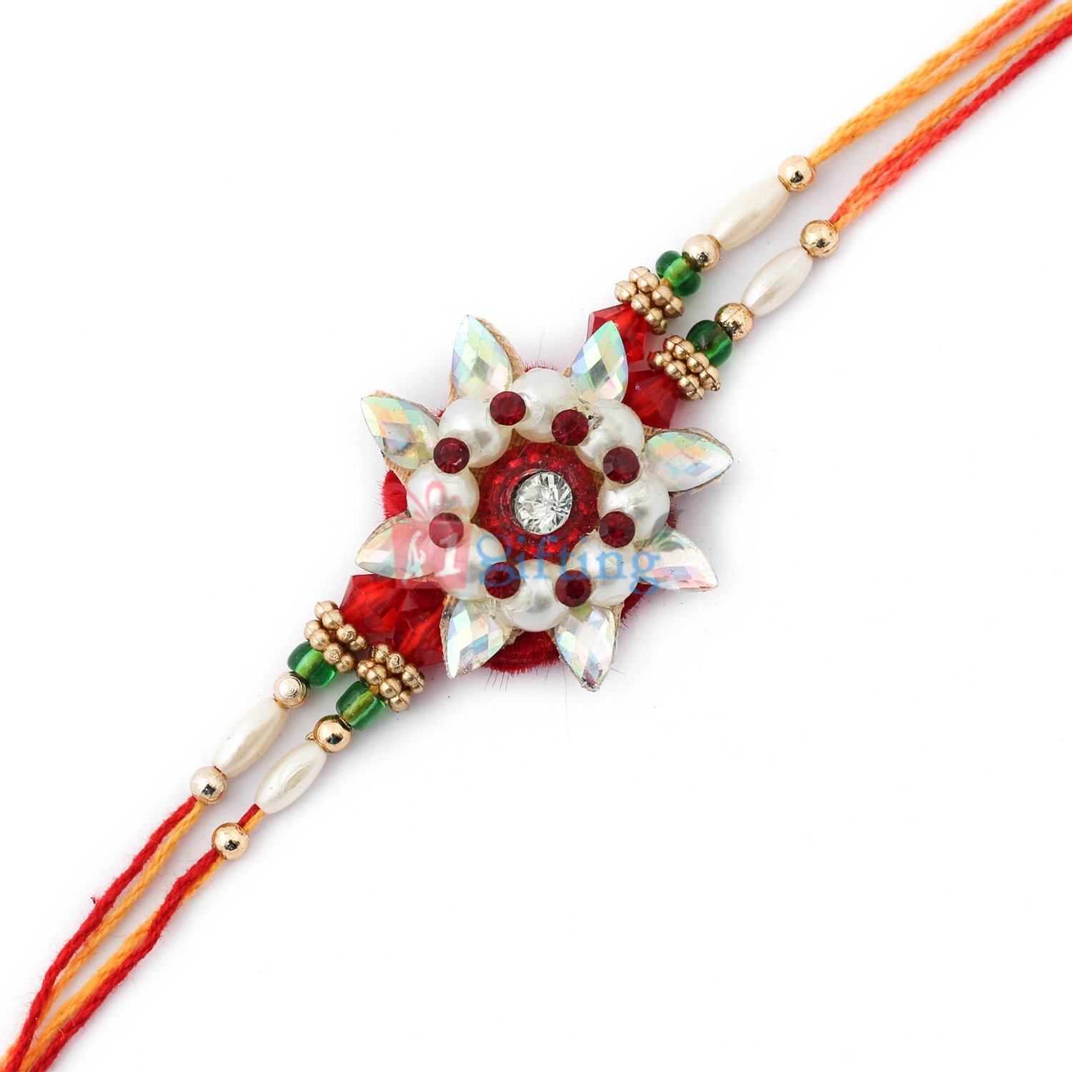 Royal design of pearl, ruby with crystal marquise and colorful beads Rakhi