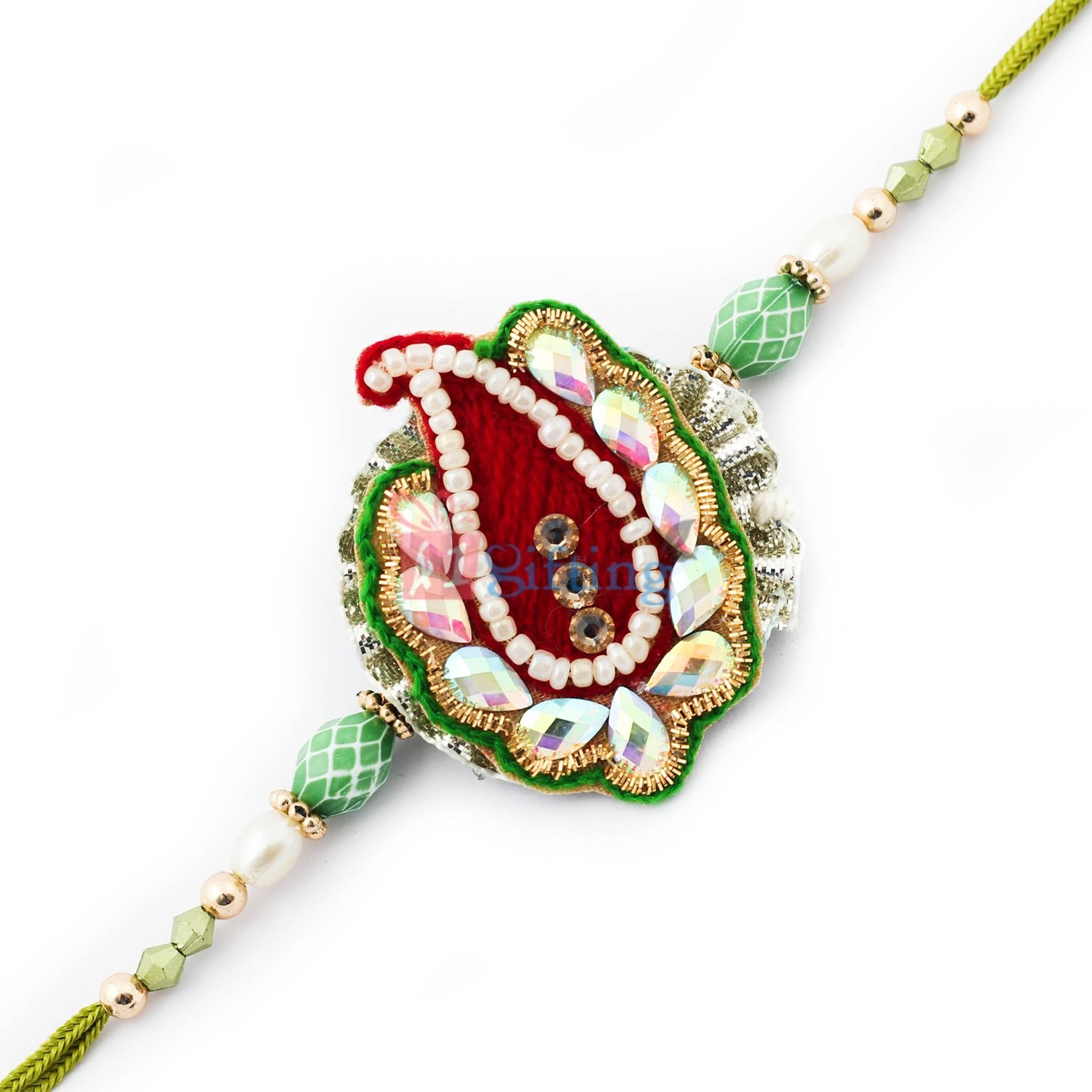 Natural green base and finest work of zardosi with crystal, pearl, golden beads Rakhi