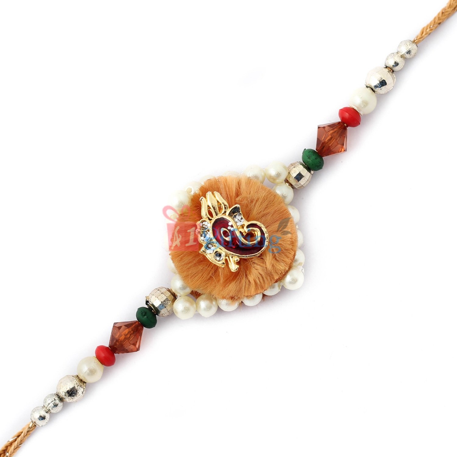 Attractive golden look of lord ganesha with pearl at base and colorful gems Rakhi