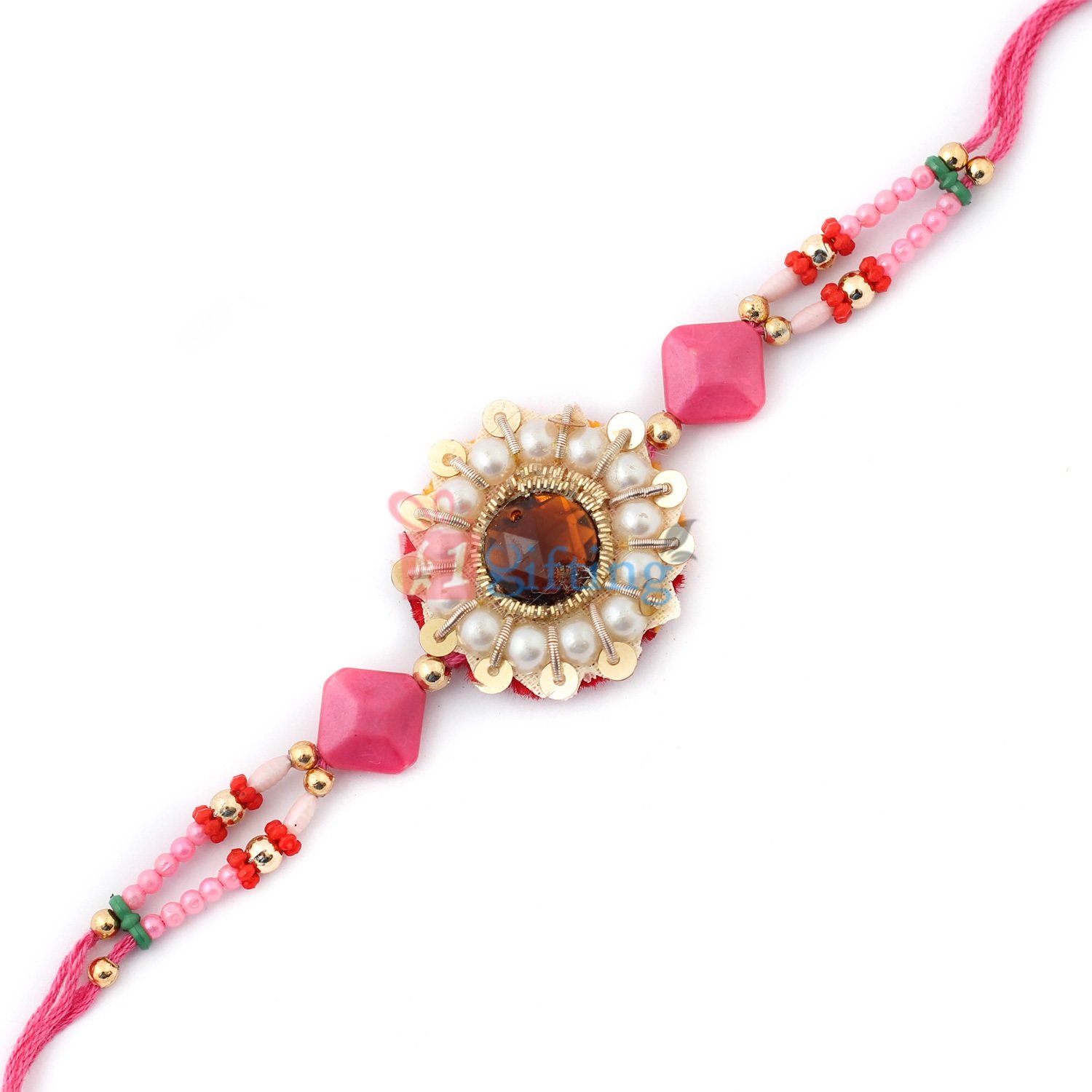 Flounce work of pearl, centered ruby, multi design beads in refreshing color of pink designer Rakhi