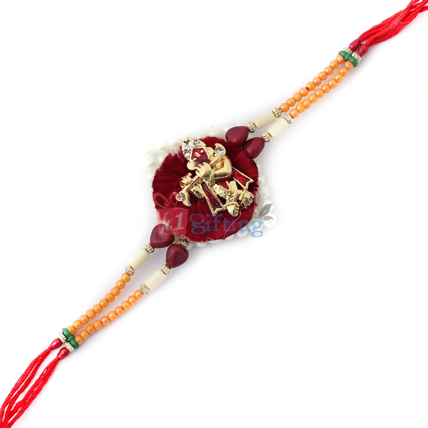 Golden look of lord Krishna with pearl at base with beads in authentic red mauli Rakhi