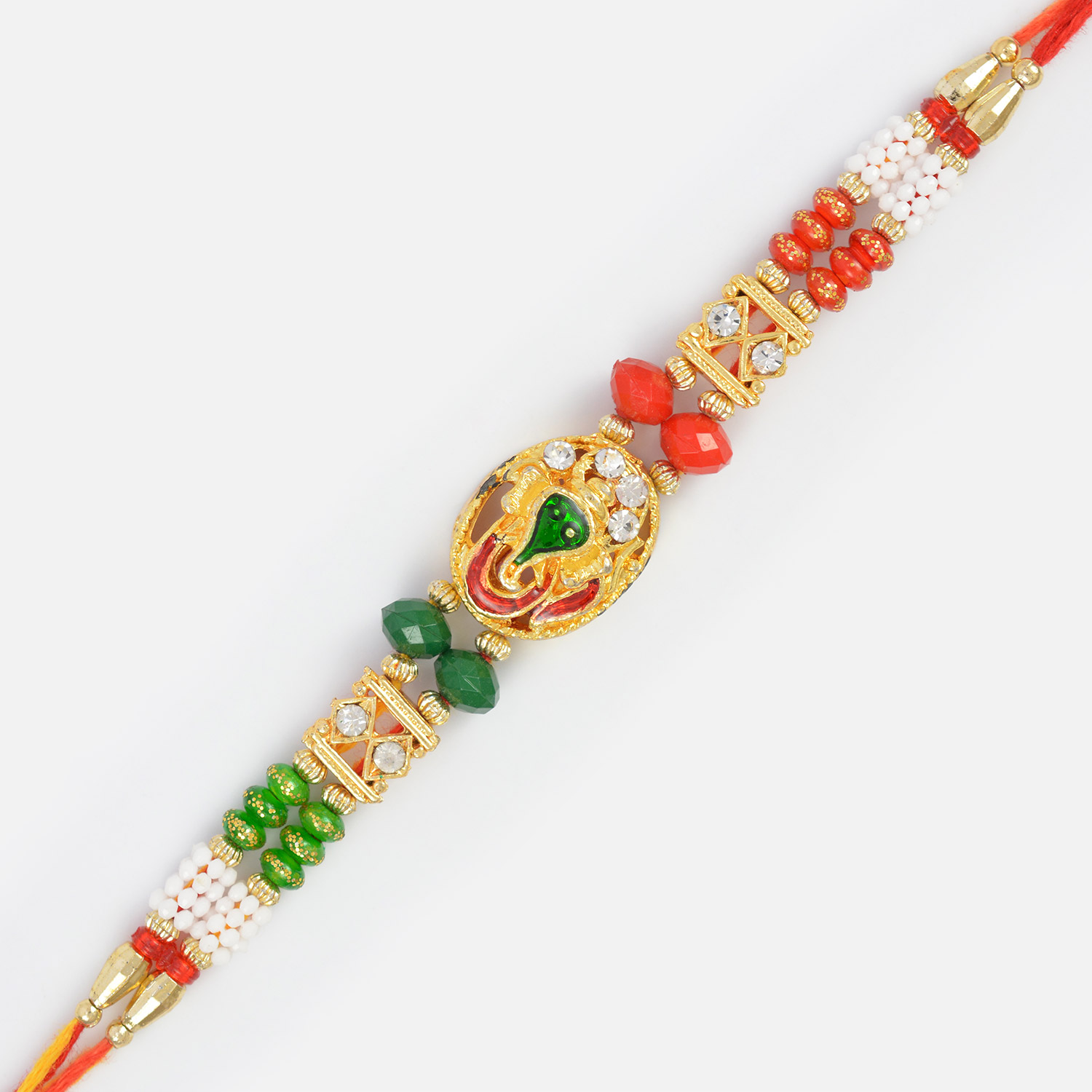 Red and Green Golden Ganesha Rakhi with Different Beads