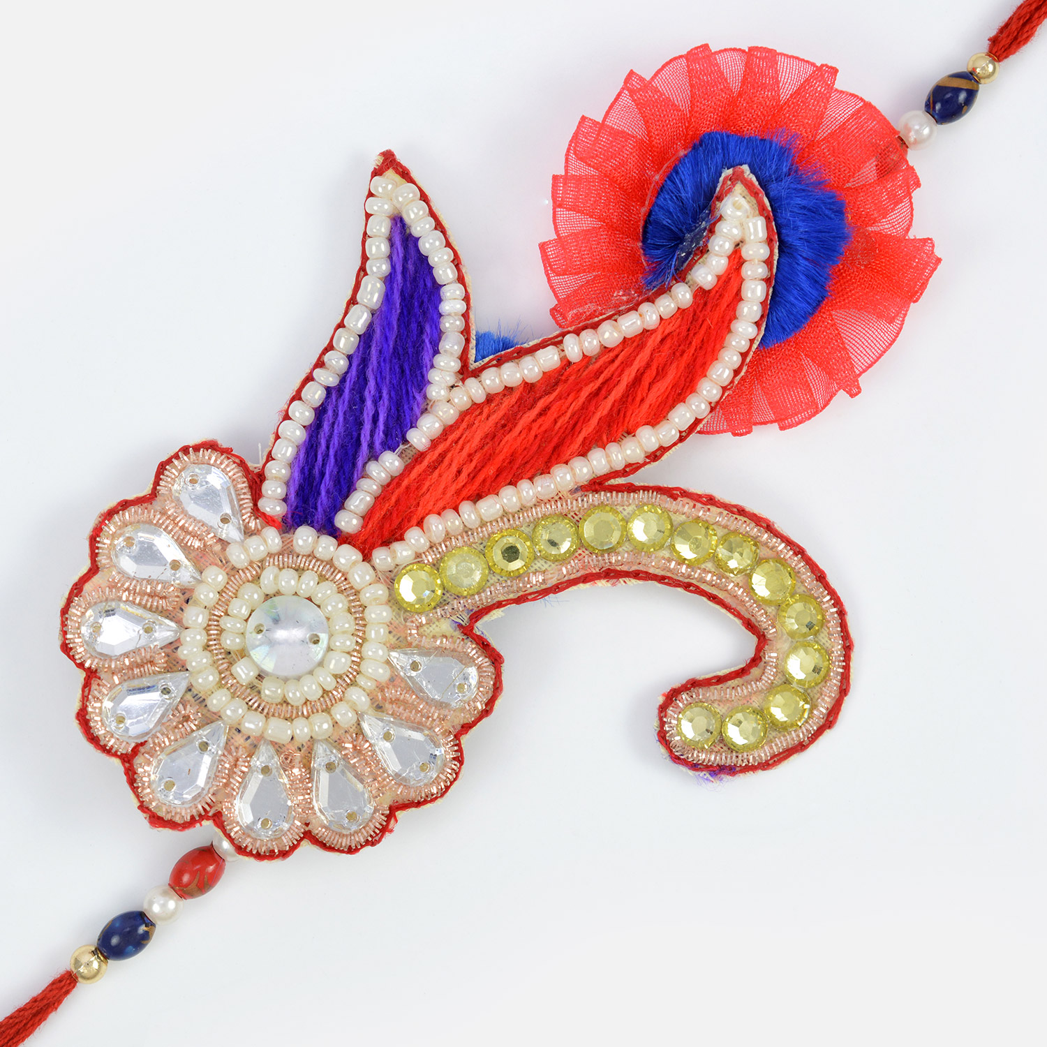 Heritage Art of Kundan Zardosi Pearl with Diamonds- Designer Peacock Fancy Rakhi