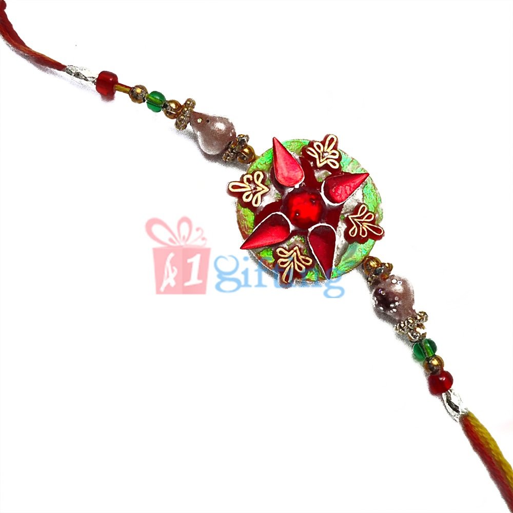 Artistically Crafted Fancy Mauli Rakhi with Leafy Pattern and Beads