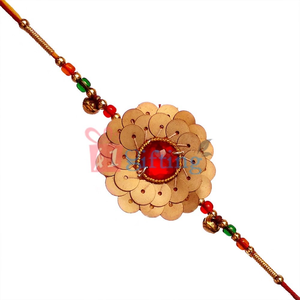 Glittering Flower Look, Ghunghuru, Golden and Glass Beads Rakhi