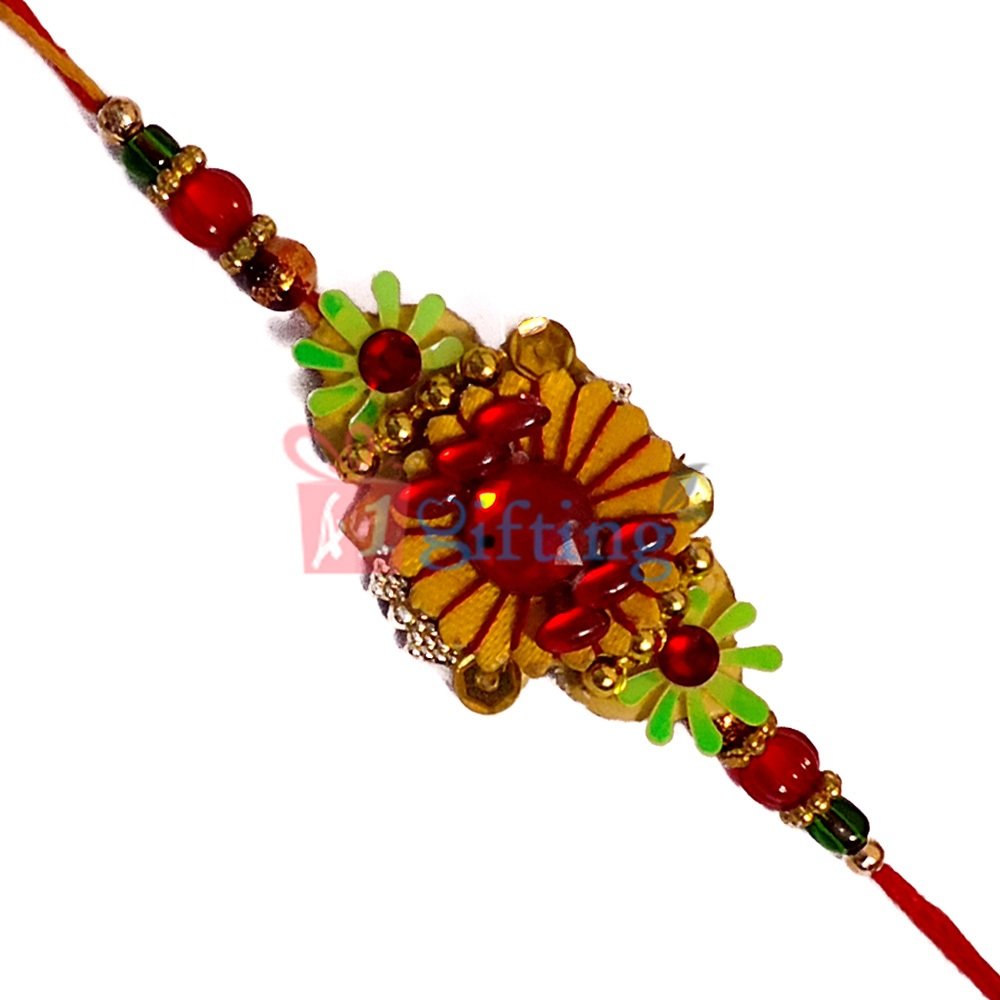 Grandiose Floral Pattern Mauli Rakhi for Brother with Colorful Beads
