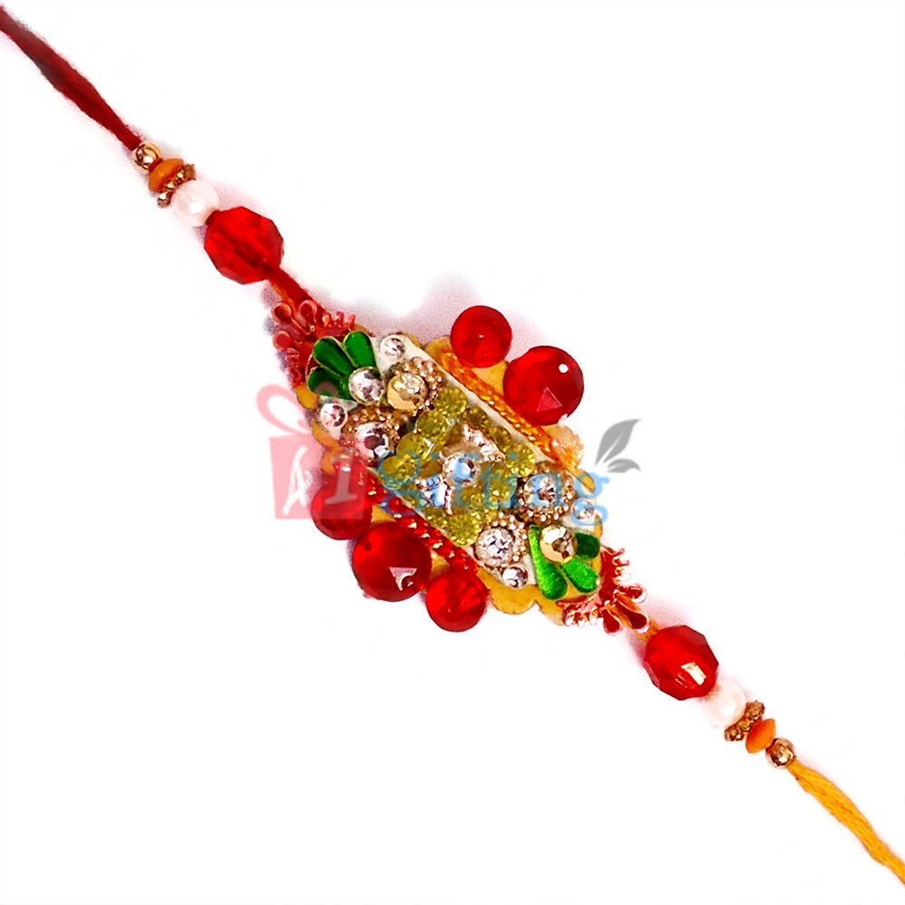 Fancy and Colorful Glass and Pearl Beads Rakhi in Mauli Threads