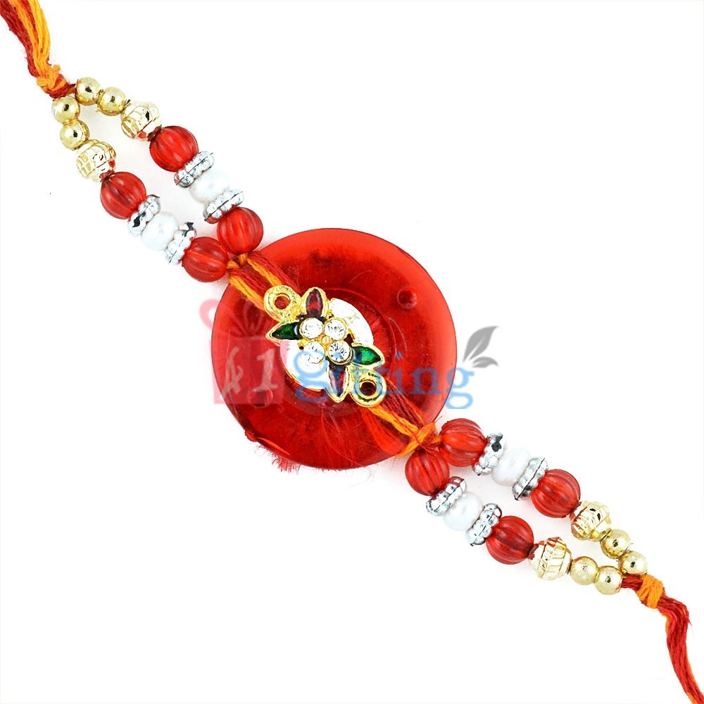 Magnificent Beauty of Golden Glass and Pearl Beaded Fancy Mauli Rakhi