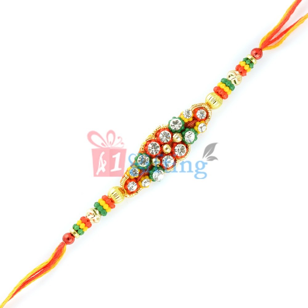 Fancy Zardosi Diamond Work Rakhi with Colorful Beads